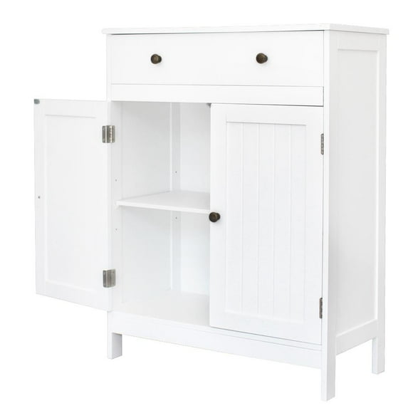 Zimtown White Wooden 2-Door Bathroom Cabinet Storage Organizer with 2 Shelves& 1 Drawer Freestanding