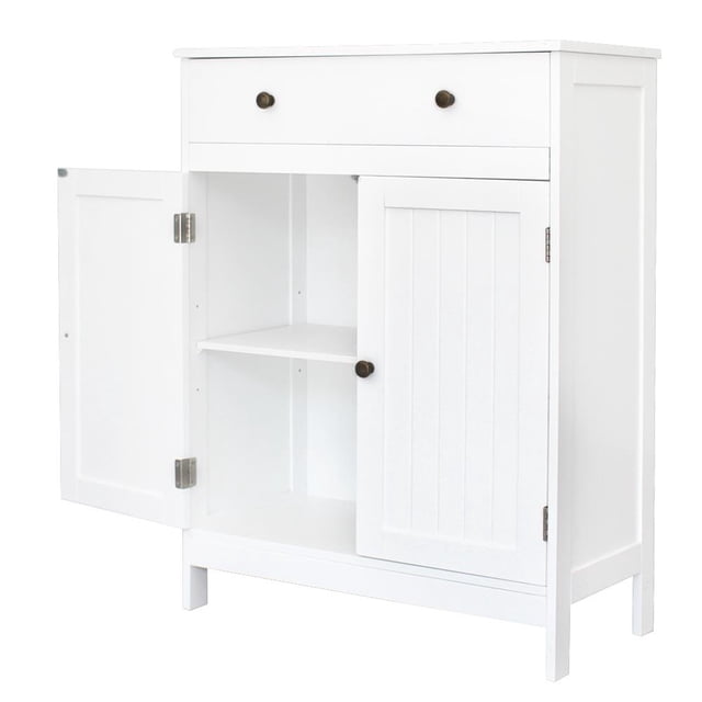 Zimtown White Wooden 2-Door Bathroom Cabinet Storage Organizer with 2 Shelves& 1 Drawer Freestanding