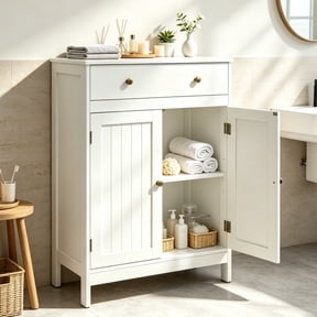 Zimtown Wooden 2-Door Bathroom Cabinet Storage Organizer w/ 2 Shelves & 1 Drawer, Freestanding Space-saver, MDF White