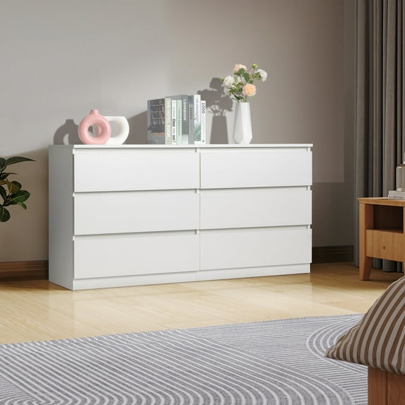 Zimtown Wide Dresser with 6 Drawers, wood Double Dresser, Large Storage Tower Unit, Chest of Drawers for Bedroom, Closet, Living Room, Hallway, White