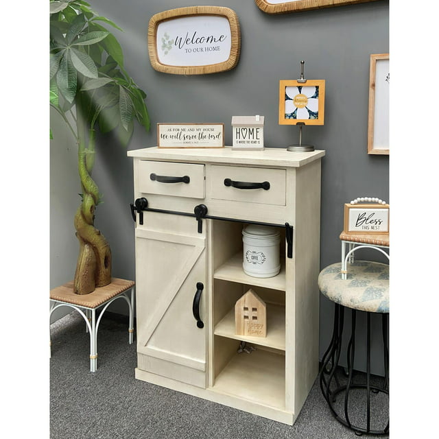 Zimtown Wood Accent Chest Sideboard Cabinet Entryway Table Retro Style with Farmhouse Single Barn Door, 2 Drawers White