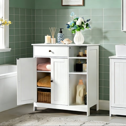 Zimtown Wooden 2-Door Bathroom Cabinet Storage Organizer with 2 Shelves& 1 Drawer & Three-layer Side Rack, White
