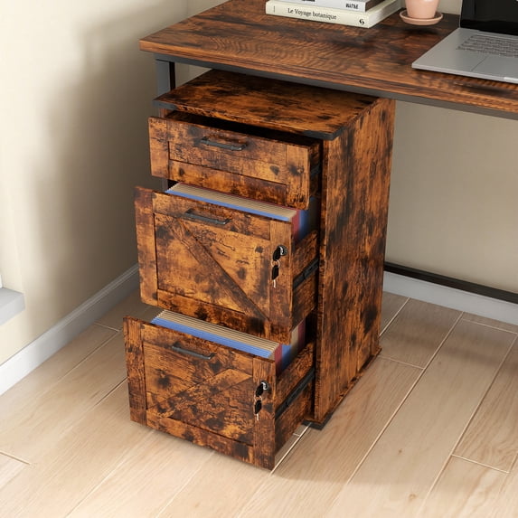 Zimtown Wooden File Cabinet Lockale 3-Drawer, Vertical Business Filing Cabinet with Rustic Metal Handles for Home Office, Brown