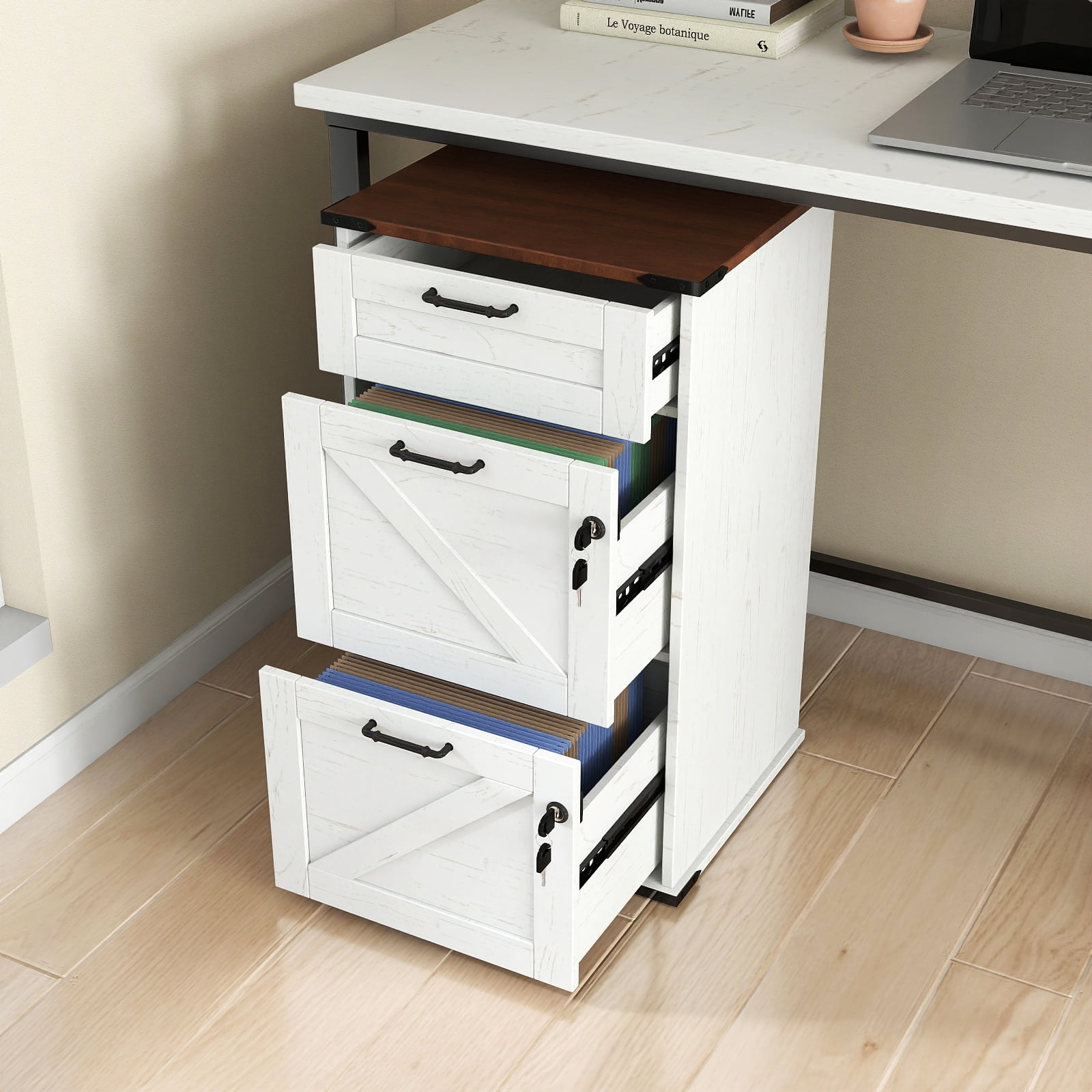 Zimtown Wooden File Cabinet Lockale 3-Drawer, Vertical Business Filing Cabinet with Rustic Metal Handles for Home Office, White