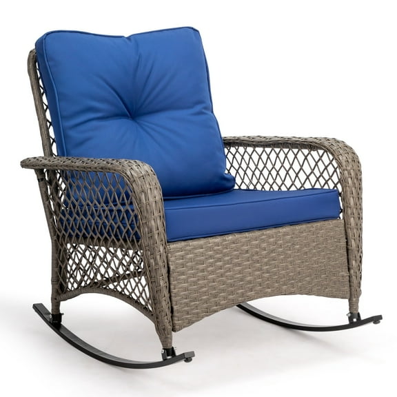 Zimtown Woven Rattan Rocking Chair for Patio, Large Wicker Chair with Blue Cushion, Grey & Blue