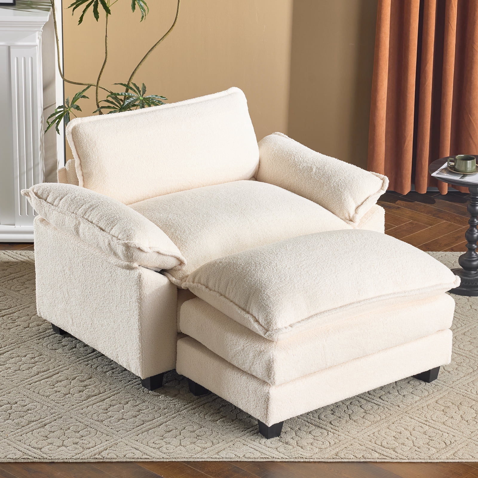 Zimtown Accent chair with Ottoman, Oversized Single sofa with Chaise for Convertible Teddy Velvet Fabric Sofa Set Living Room Furniture Teddy White