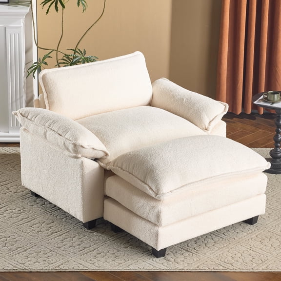 Zimtown Accent chair with Ottoman, Oversized Single sofa with Chaise for Convertible Teddy Velvet Fabric Sofa Set Living Room Furniture Teddy White