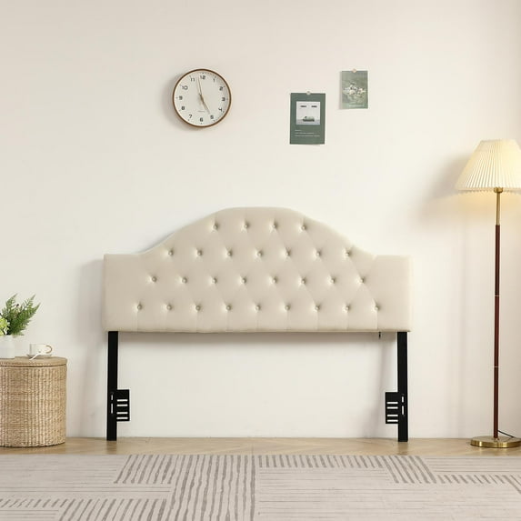 ZimtownTufted Velvet Upholstered Headboard Channel, Queen Size Bed Adjusted Height 46-56 inch, Cream