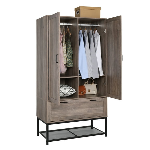 Zimtwon Wardrobe Storage Cabinet, Tall Storage Cabinet,Bedroom Armoire with 2 Doors,Retro Gray