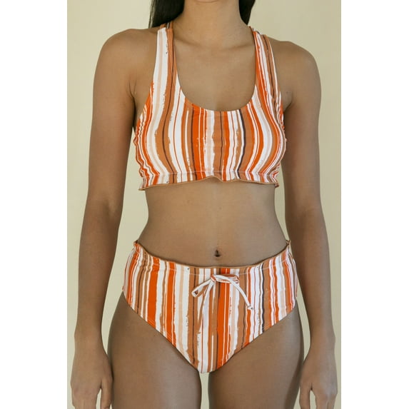Zin Swim High Waist Bikini Sets for Women, Scoop Neck Tropical Beach Bathing Swimsuit, Orange