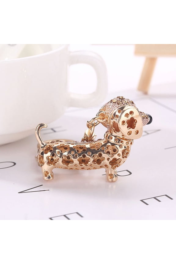 Zinc Alloy Dachshund Dog Crystal Rhinestones Keychain Decorative Key Ring Keychain Keyfob Decoration Ornaments For Handbag and Car Trinket Souvenir Gift Pendant (Golden)