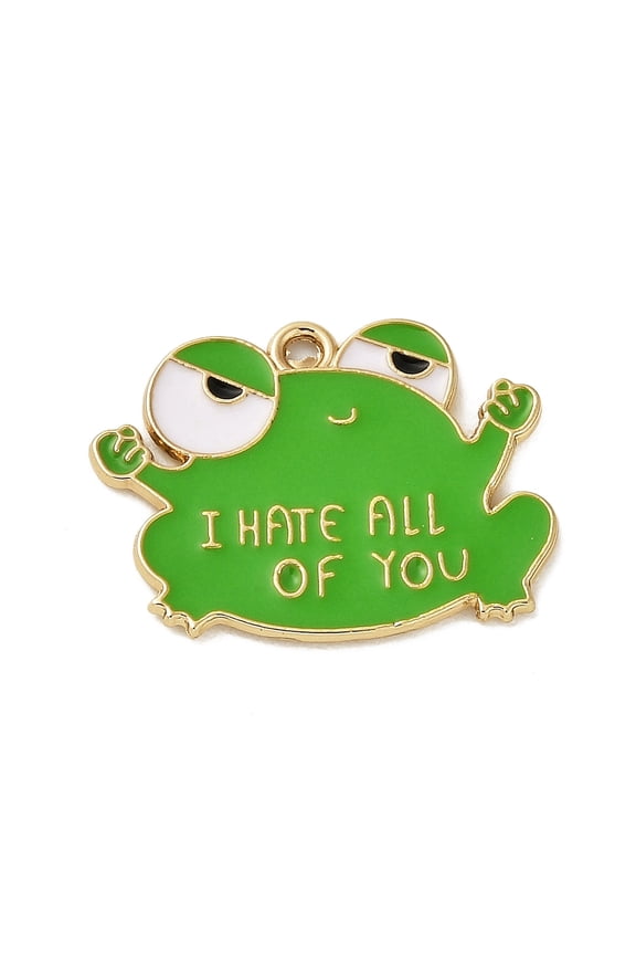 Zinc Alloy Enamel Pendants Cadmium Free & Nickel Free & Lead Free Gloden Frog with Word I Hate all of you Charm Lime Green 23x24.5x1mm Hole: 1.4mm
