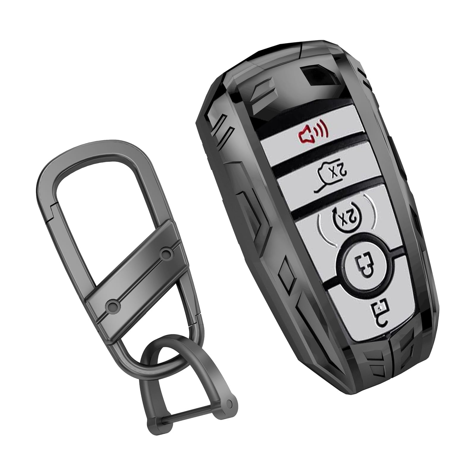 Zinc Alloy & Genuine Leather Key Fob Cover for Ford Expedition, Explorer, Fusion, Escape, Edge, F150, F250, F350, F450, F550 - Metallic Color - 5 Button - 360 Protection