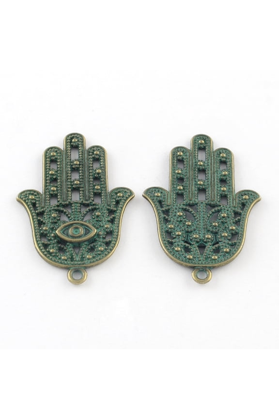 Zinc Alloy Hamsa Hand/Hand of Fatima/Hand of Miriam with Eye Pendants Bronze Green Patina 42x28x2.5mm Hole: 2mm