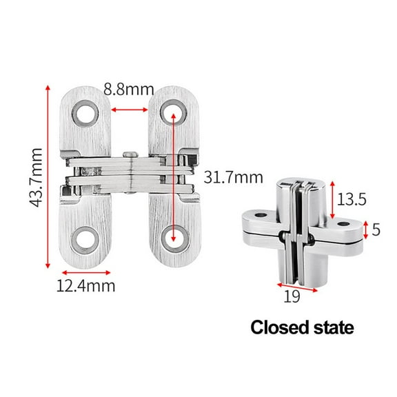 Zinc Alloy Invisible Concealed Cross Hinge for Cabinet Wooden Door 180 Degree Opening Silver Tone Stainless Steel Hardware