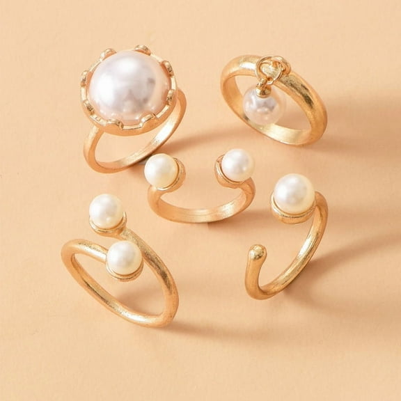 Zinc Alloy & Plastic Imitation Pearl Round Beads Finger Rings Sets Golden Inner Diameter: 20mm 5pcs/set