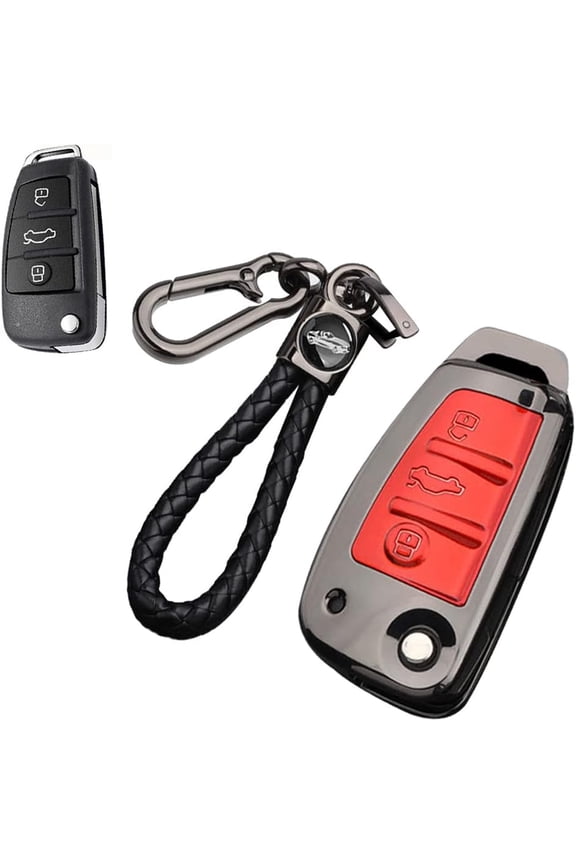 Zinc Alloy Plating Flip Key Fob Cover for Audi A1 A3 S3 S8 Quattro R8 Q3 Q7 TT Keyless 3 Buttons Key Fob Case with Braided Keychain