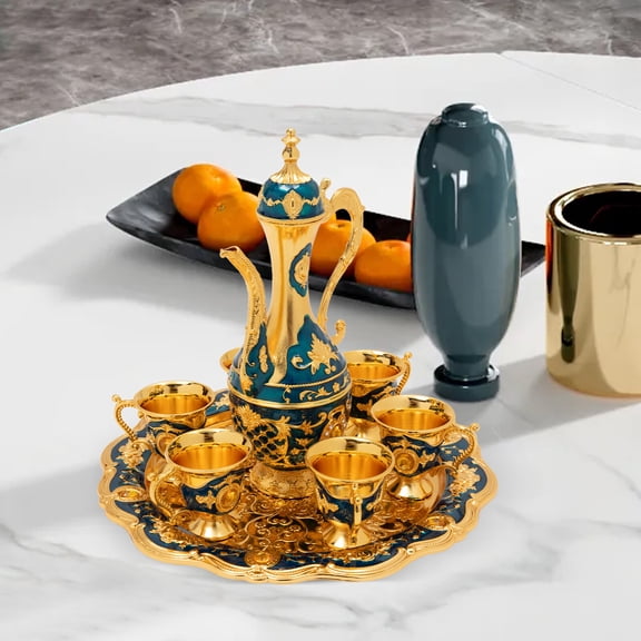 Zinc Alloy Tea Set, Vintage Turkish Coffee Set with Pot and 6 Cups for Home Decor Birthday Christmas Housewarming Wedding(Blue)