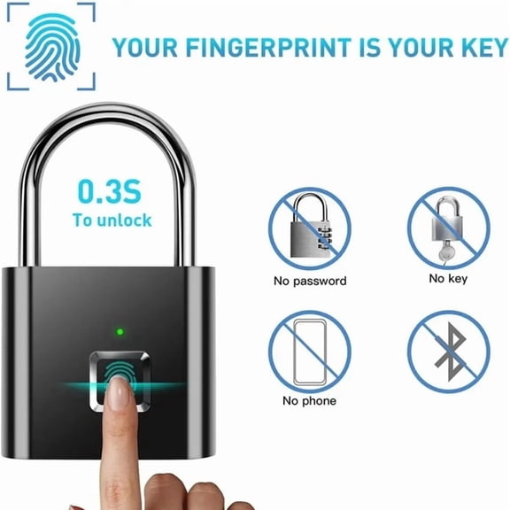 Zinc Alloy Waterproof Fingerprint Padlock - Keyless with USB Charging, 30 Fingerprints, Morse Emergency Unlock - Black