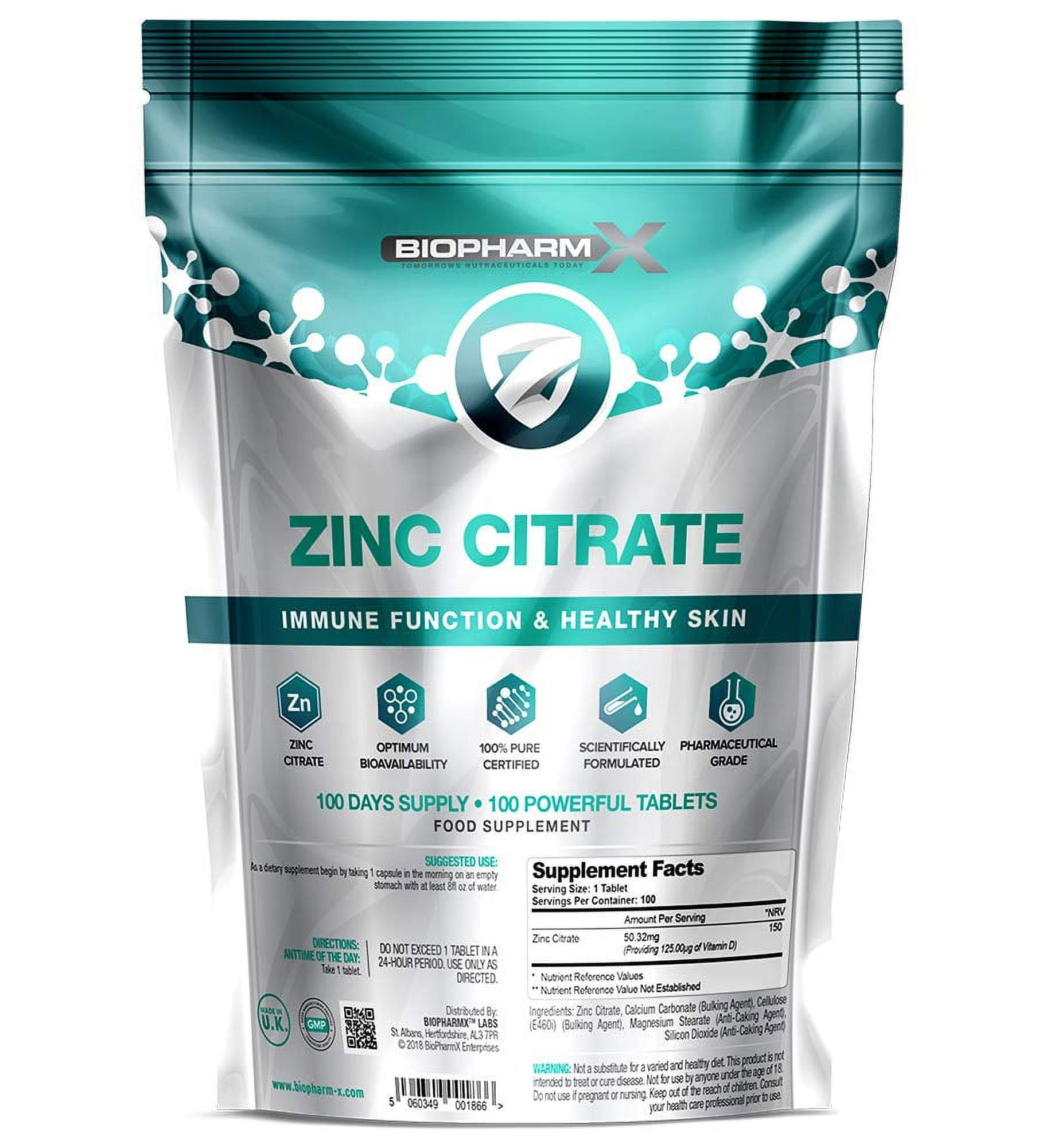 Zinc Citrate (100 Pure Certified/Maximum Strength 50mg Tablets x 100