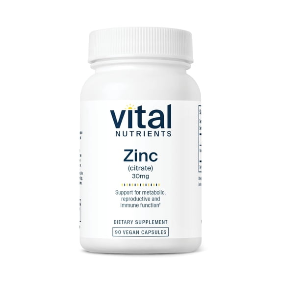 Vital Nutrients Zinc Citrate 30mg | Easily Absorbed Immune Support Supplement | Vegan Zinc Supplement | Gluten, Dairy, Soy Free | Non-GMO | 30mg | 90 Capsules