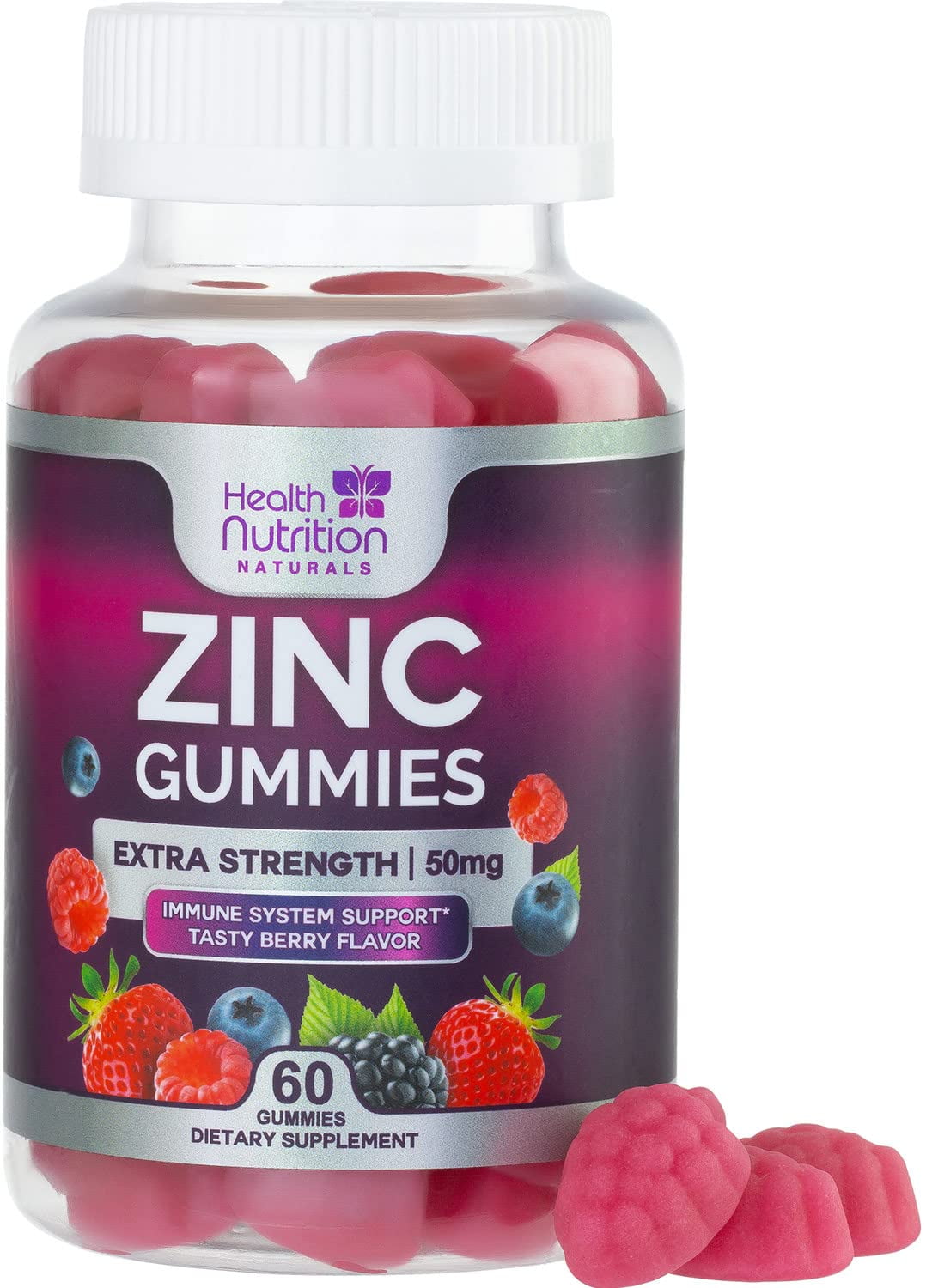 Zinc Supplement 50mg Gummies for Adults - Max Strength Skin Health & Immune Support Gummy, Vegan, Non-GMO & Gluten Free, Natures Antioxidant & Bone Health Chewable Zinc Vitamins - 60 Gummies