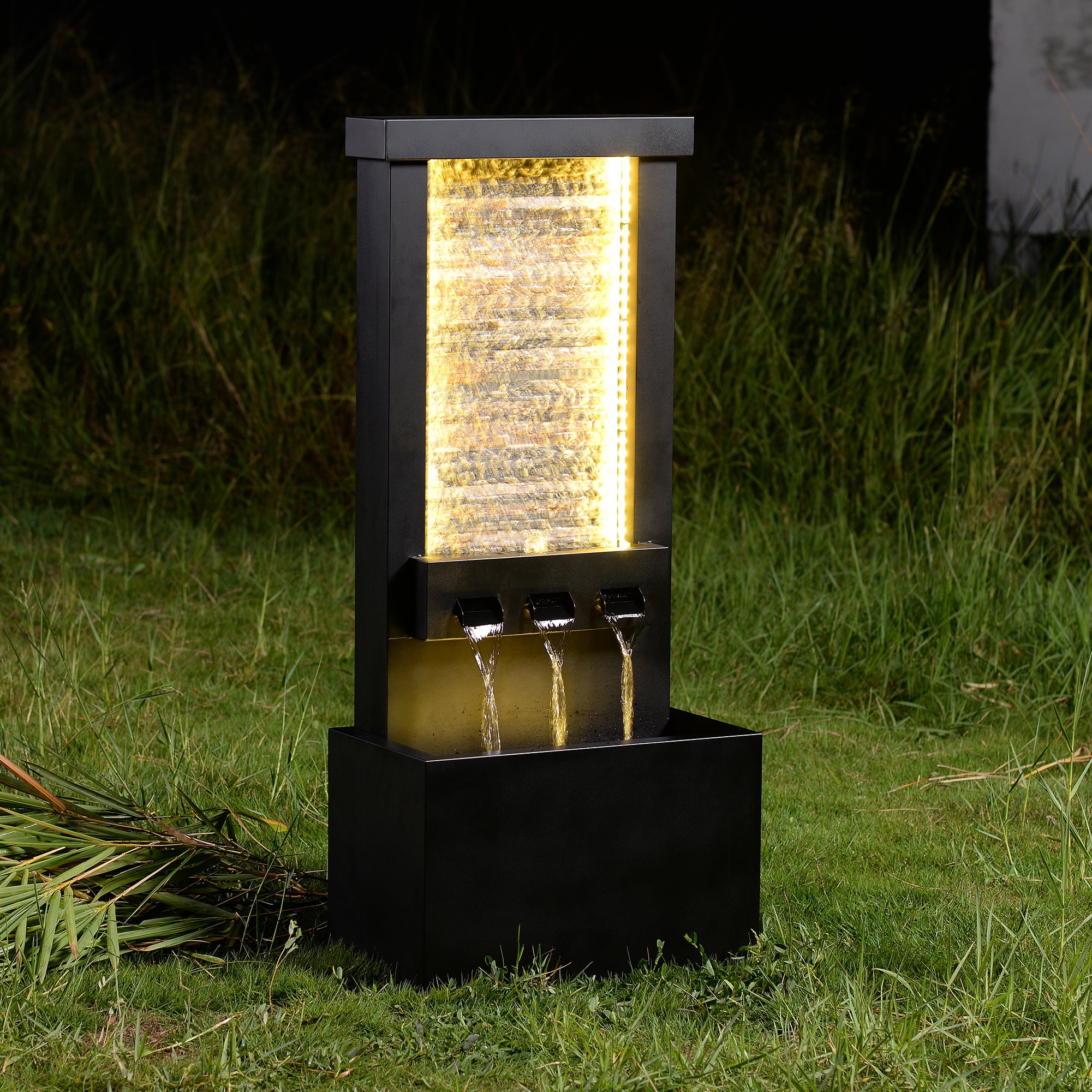 Zinc Metal Fountain with Stone Brick and LED Lights - Outdoor
