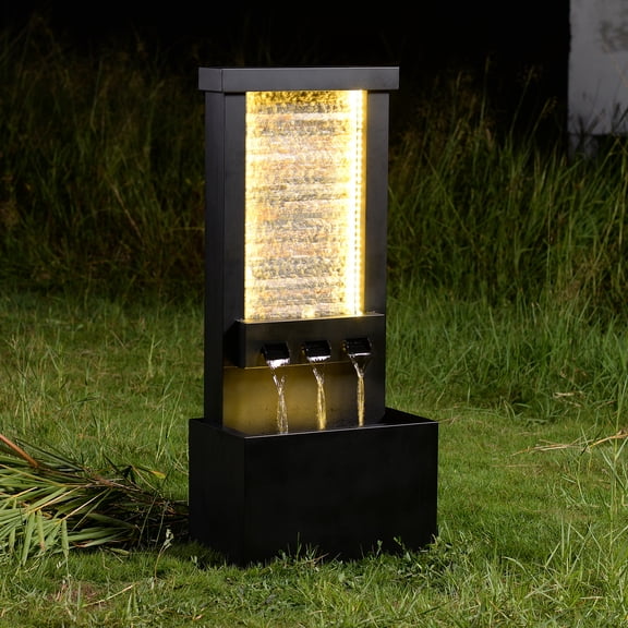 Zinc Metal Fountain with Stone Brick and LED Lights - Outdoor