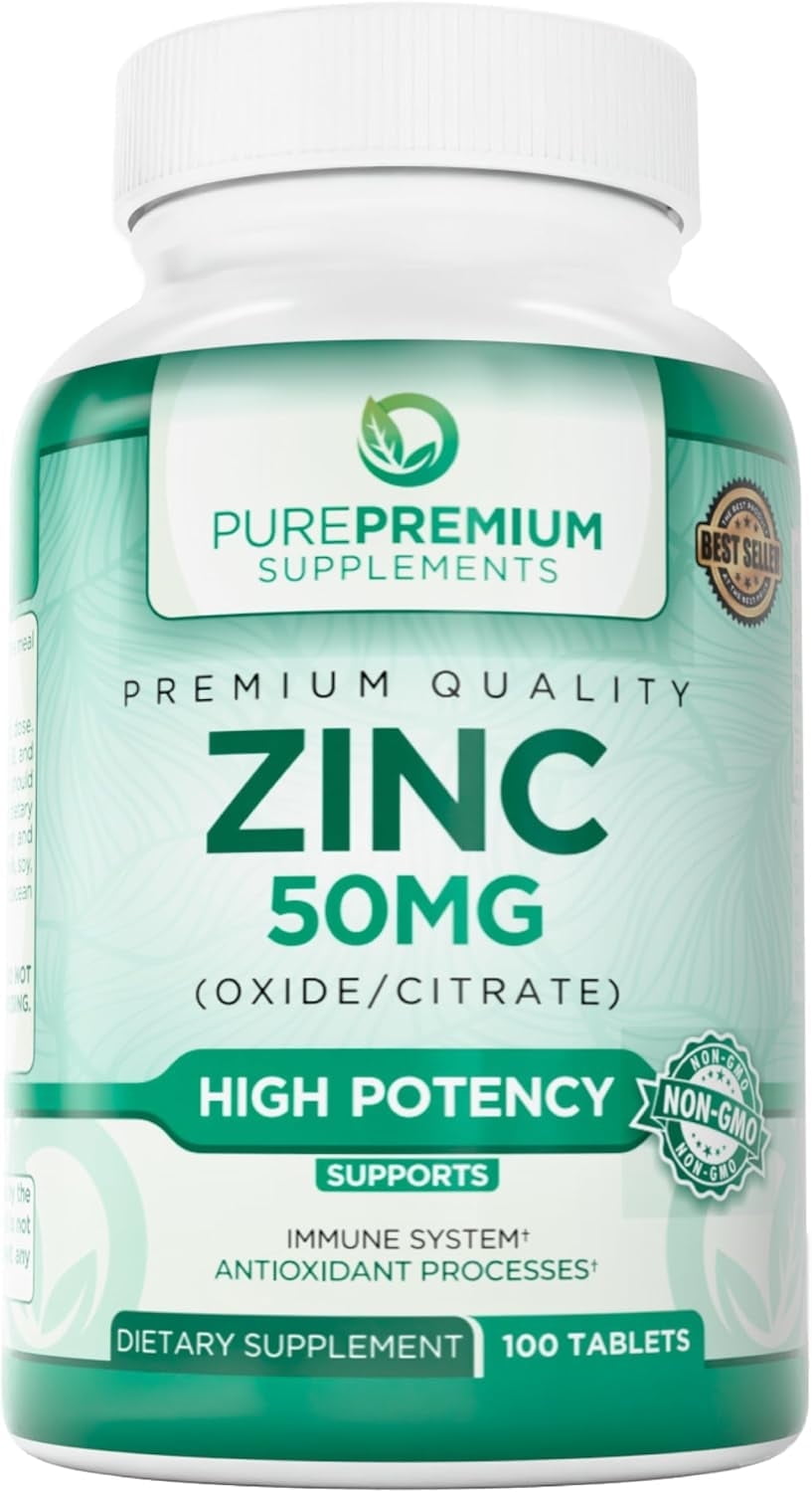 PurePremium Natural Zinc 50mg Supplements for Men & Women - High Potency Vitamin Zinc Citrate/Oxide for Adults, Immune Antioxidant, Energy Support - 100 Tablets