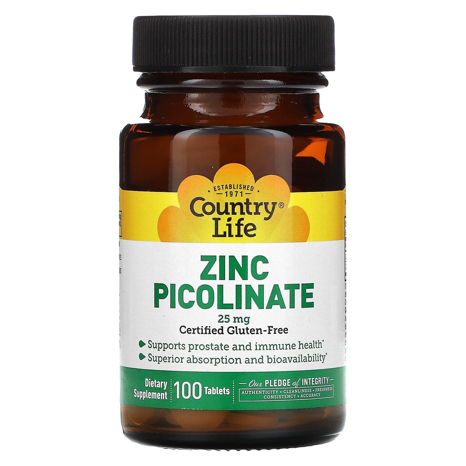 Country Life Zinc Picolinate, 25 mg, 100 Tablets, Highly