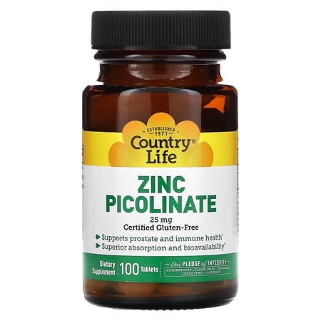 Country Life Zinc Picolinate 25 mg - Superior Absorption Zinc Supplement for Immune Support, Prostate Health & Cellular Wellness - Certified Gluten-Free, Vegan & Halal, Non-GMO - 100 Tablets