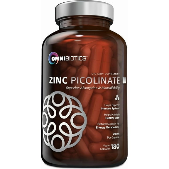 Zinc Picolinate 30mg Supplement by OmniBiotics - Zinc 30 mg for Immune System Support, Zinc Supplements for Men & Women - Superior Absorption Zinc Vitamins, Promotes Healthy Skin - 180 Vegan Capsules