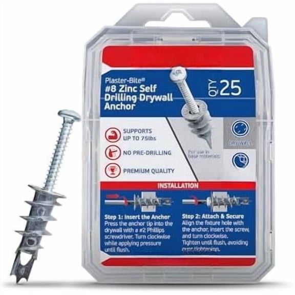 Zinc Plaster Bite Self-Drilling Drywall Anchors w/Screws (25 Anchors & 25 Screws) - Heavy Duty Zinc Hollow Wall Anchor Kit for 3/8", 1/2", 5/8" Drywall - 75 lbs Holding Strength