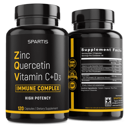 Zinc Quercetin 500mg with Vitamin C Vitamin D3 Bromelain Supplement ZQV Immune Complex (120-Ct)