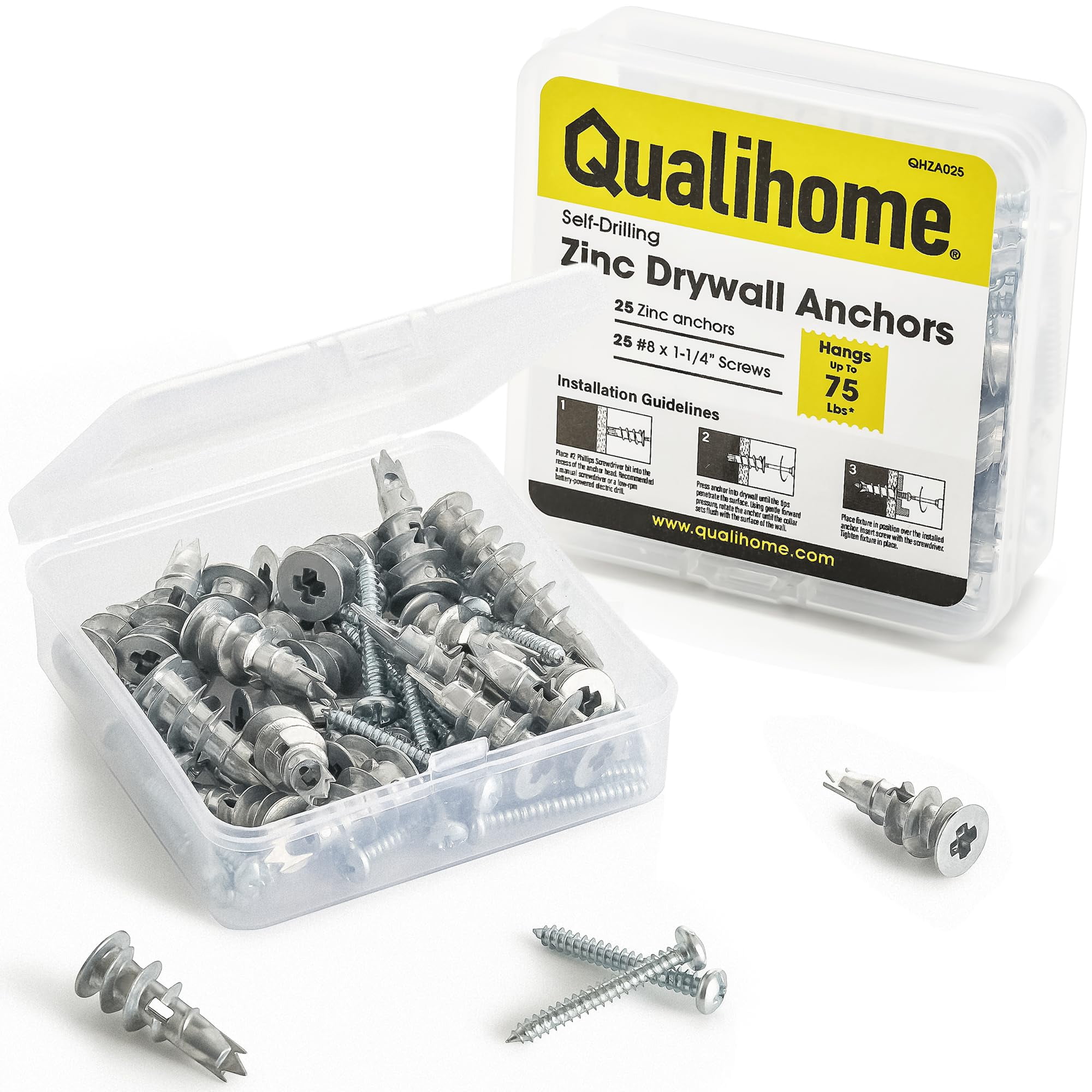 Zinc Self Drilling Drywall Anchor Hollow Wall Anchor Kit with Screws - Metal Self Drilling Drywall Anchors with Wide Screw Fins - #8 Zinc Drywall Anchors Heavy Duty - 50 Pack - 75 Lbs
