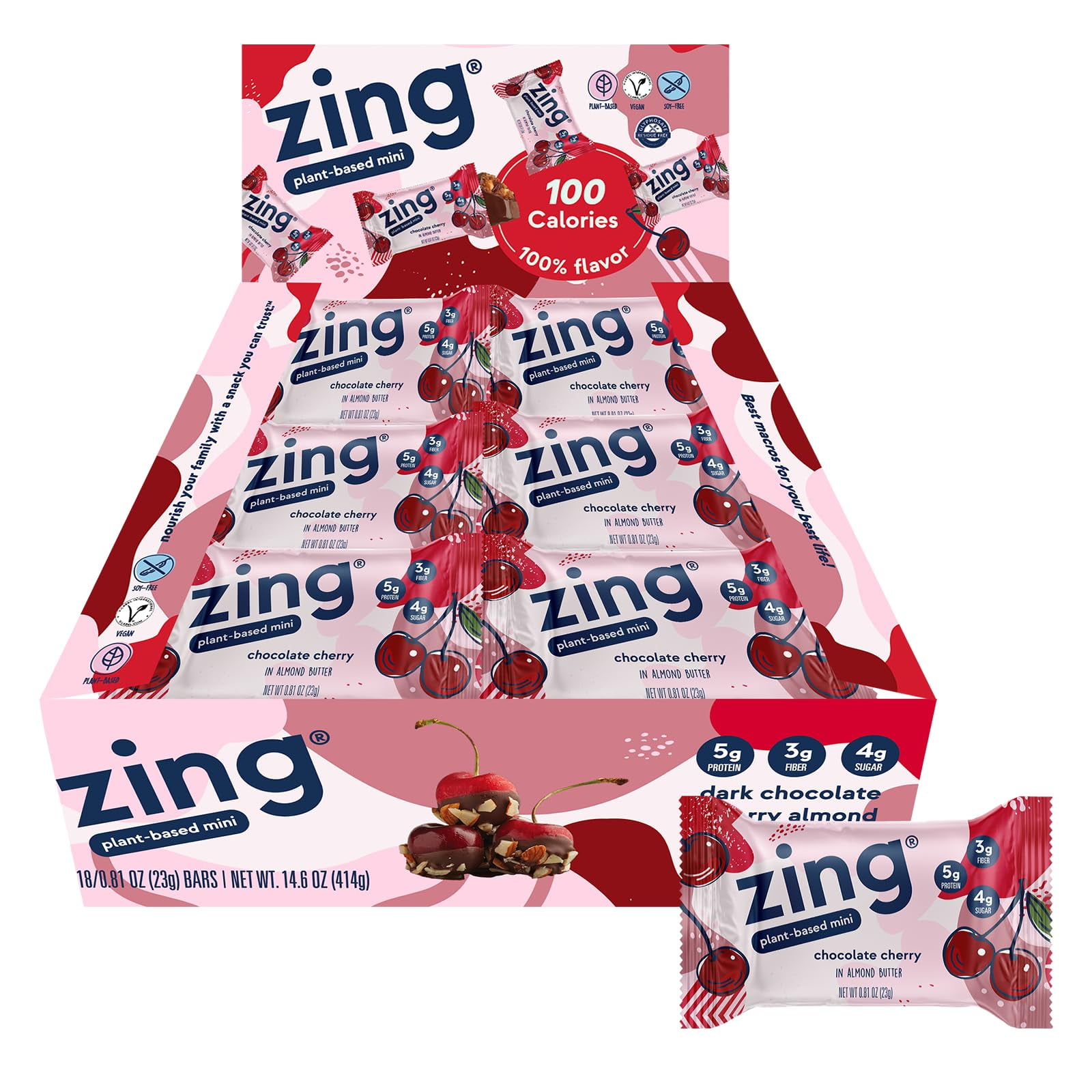 Zing Dark Chocolate Cherry Kids Protein Bars, Gluten Free 100 Calorie
