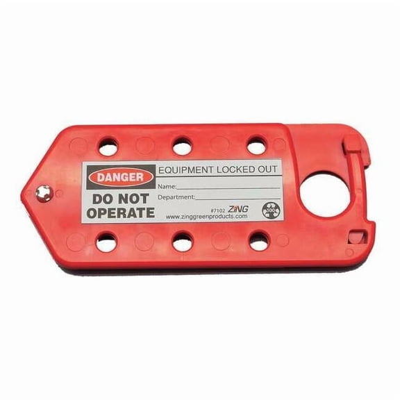 Labeled Lockout Hasp, Red, Recycled Plastic, 6 Max. No. of Padlocks, 3/8 in Max. Shackle Dia.