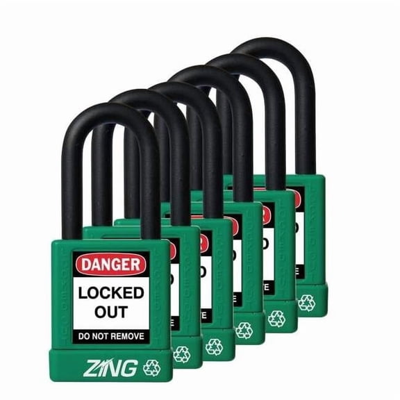 Lockout Padlock, Keyed Alike, Aluminum, Green, 1 1/2 in Shackle Height, 1 1/2 in Body Width, 6 PK