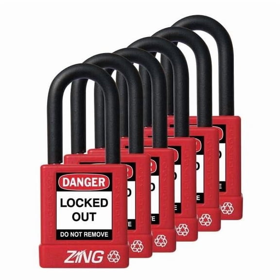 Lockout Padlock, Keyed Alike, Aluminum, Red, 1 1/2 in Shackle Height, 1 1/2 in Body Width, 6 PK