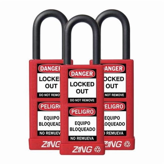 Lockout Padlock, Keyed Alike, Aluminum, Red, 1 1/2 in Shackle Height, 1 1/2 in Body Width, 3 PK