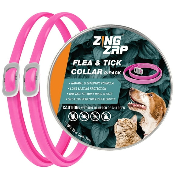 ZingZap Flea & Tick Collar 2-Pack Pink, Protects from Biting Insects, Adjustable Fits Both Dogs & Cats, Built-in Plant Based Formula, Slow-Release Lasting Protection, Waterproof