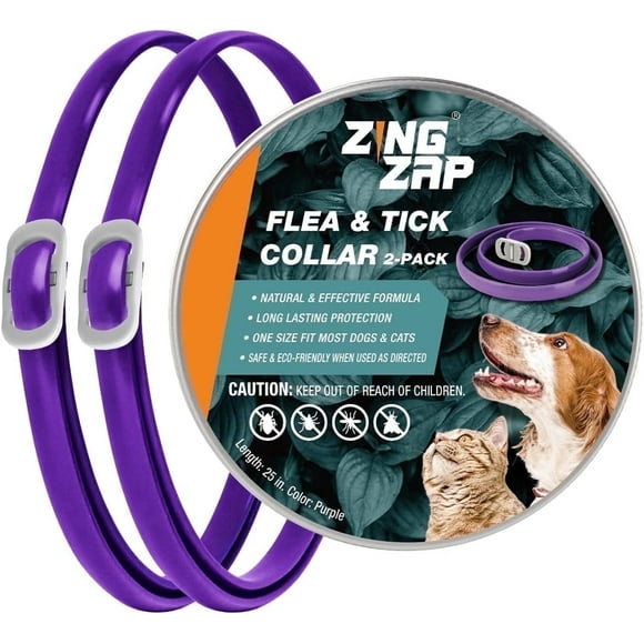 ZingZap Flea & Tick Collar 2-Pack Purple, Protects from Biting Insects, Adjustable Fits Both Dogs & Cats, Built-in Plant Based Formula, Slow-Release Lasting Protection, Waterproof