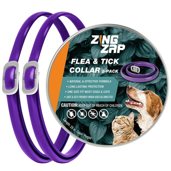 ZingZap Flea & Tick Collar 2-Pack Purple, Protects from Biting Insects, Adjustable Fits Both Dogs & Cats, Built-in Plant Based Formula, Slow-Release Lasting Protection, Waterproof