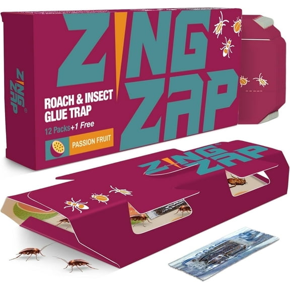 ZingZap Roach Glue Trap Passion Fruit 13-Pack, Capsulated Natural Ingredients Bait, 2X Faster Catch, Sticky Glue Trap for Roaches, Ants, Millipedes, Silverfish & Beetles, Children-&-Pet-Safe