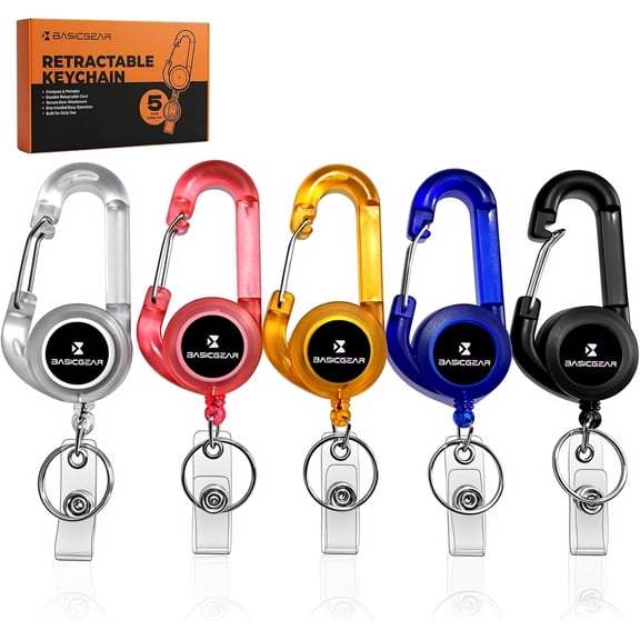 Zinger Retractable Keychain 5 Pack Carabiner Badge Holder with 24" Cord, ID Badge Reel for Fishing, Office, Camping, Hiking