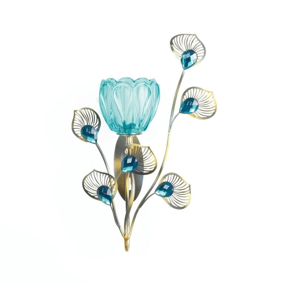 Zingz & Thingz 11.25" Blue and Gold Peacock Blossom Single Candle Wall Sconce