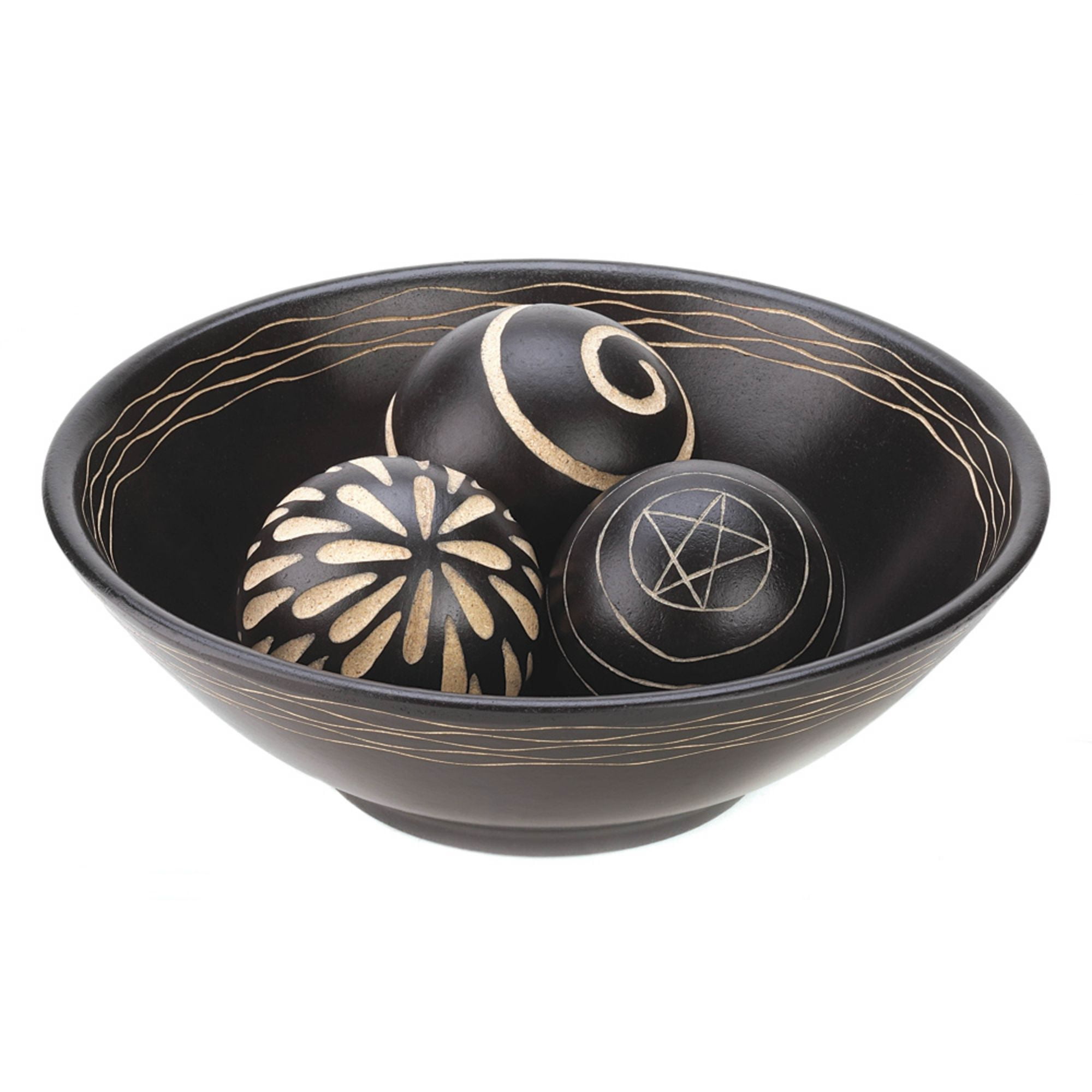 Artisan Deco Wooden Bowl and Carved Balls Set in Black and Beige