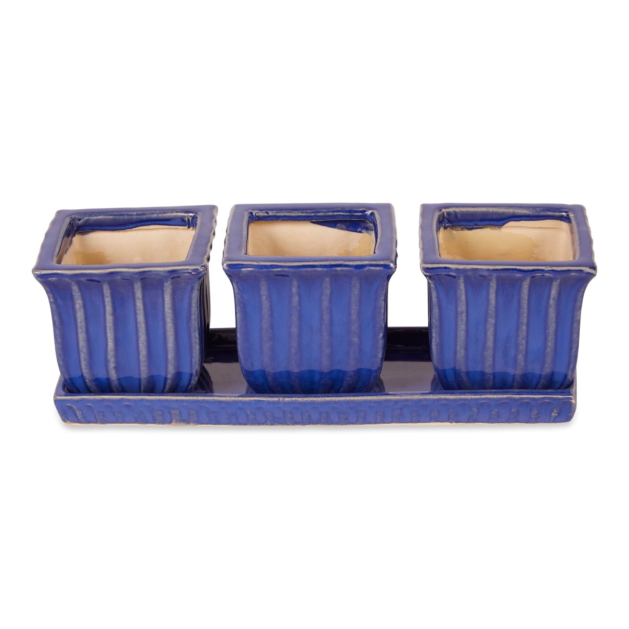 Zingz & Thingz 12" x 4" x 4" Square Blue Ceramic Plant Pot (3 Pieces)