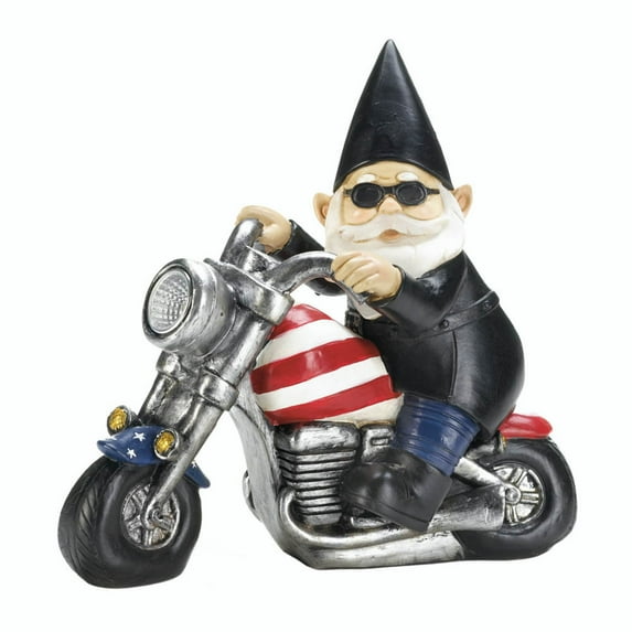 Zingz & Thingz Biker Gnome Solar Powered Outdoor Statue - 8" - Black and Silver