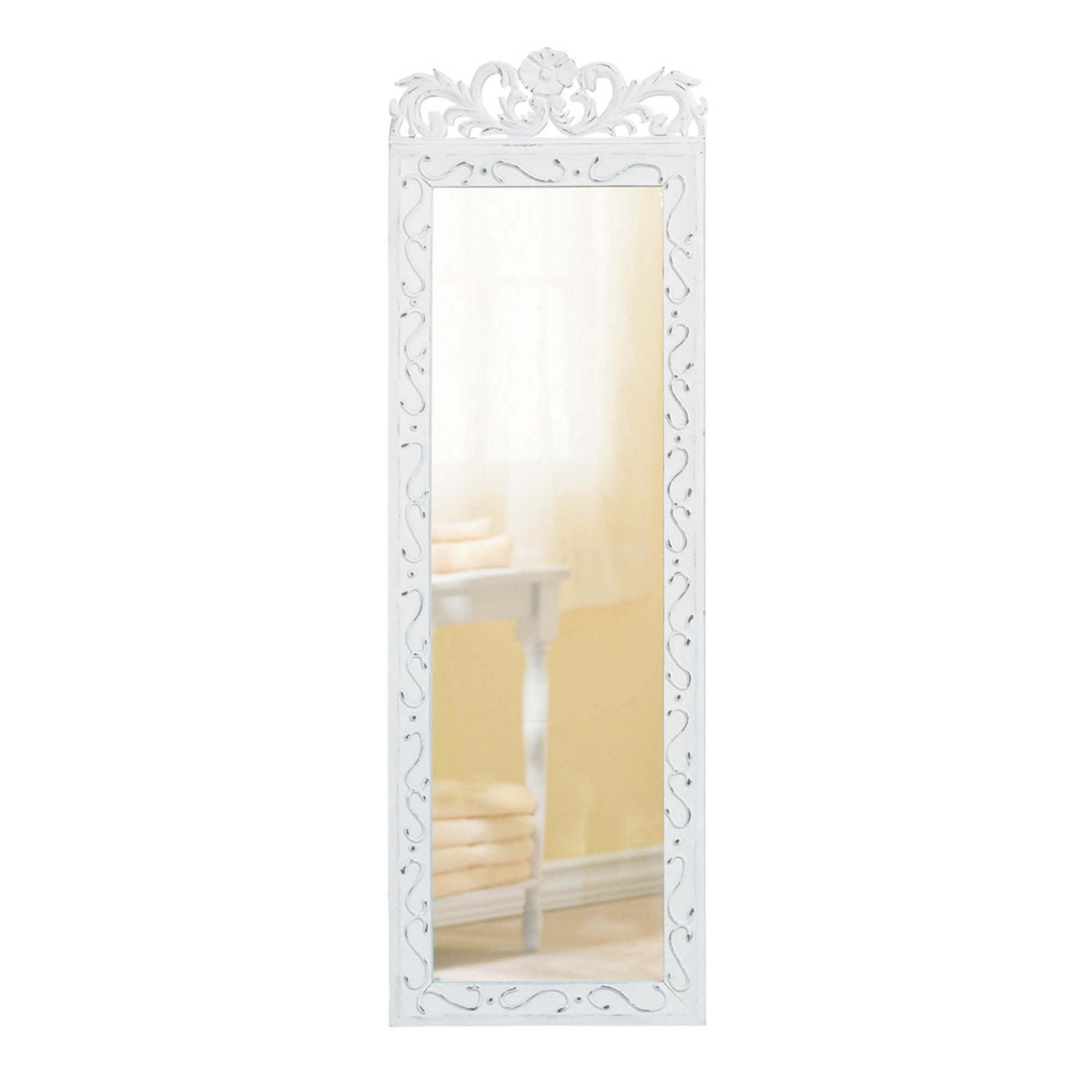 Weathered White Rectangular Wood Wall Mirror with Floral Crown